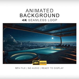 May include: An animated background 4K seamless loop MP4 file featuring a night scene with a circular hot tub and an infinity pool overlooking a sea of clouds under a starry sky with a full moon. The text reads ANIMATED BACKGROUND 4K SEAMLESS LOOP.
