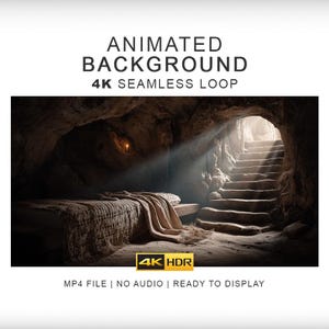Puede incluir: Un archivo de video de fondo animado que muestra el interior de una cueva oscura con una escalera de piedra que conduce hacia una luz brillante. Una cama con una manta texturizada está en primer plano. Texto: ANIMATED BACKGROUND 4K SEAMLESS LOOP, 4K HDR, MP4 FILE.