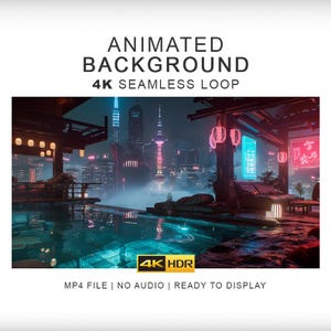 May include: An animated background 4K seamless loop MP4 file featuring a futuristic city skyline at night viewed from a terrace with a pool. The scene includes glowing red lanterns, neon blue signage, and a dark, modern architectural structure.