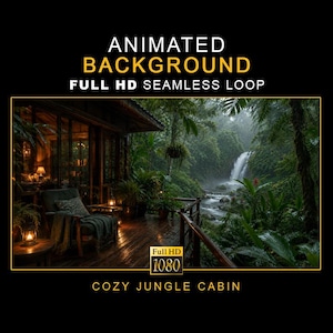 Può includere: Uno sfondo animato che mostra la terrazza di una capanna in legno affacciata su una cascata nella giungla. Il testo recita ANIMATED BACKGROUND FULL HD SEAMLESS LOOP e COZY JUNGLE CABIN. La scena include una poltrona scura, lanterne e fogliame.