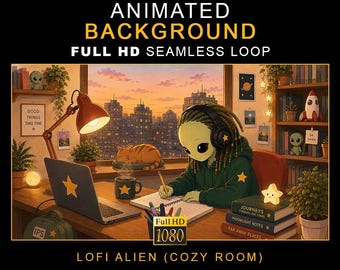 Lofi Alien Cozy Room Animated Background – Full HD Seamless Loop (Digital Download)