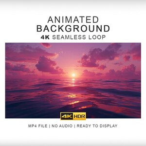 以下が含まれることがあります： ピンクと紫の雲が浮かぶ海に沈む夕日を描いた、4Kシームレスループのアニメーション背景MP4ファイル。テキストには「ANIMATED BACKGROUND 4K SEAMLESS LOOP」、「4K HDR」、「MP4 FILE | NO AUDIO | READY TO DISPLAY」と記載されています。