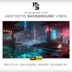 May include: A 4K seamless loop aesthetic background video featuring a digital illustration of a futuristic city skyline at night with a pool in the foreground, illuminated by pink and blue neon lights, hanging lanterns, and a glowing sign with text.