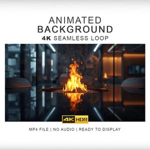 May include: An animated background 4K seamless loop featuring a bright orange and yellow fire burning in a circular pit. The flames reflect on a dark, polished surface. Text reads: ANIMATED BACKGROUND 4K SEAMLESS LOOP, 4K HDR, MP4 FILE | NO AUDIO | READY TO DISPLAY.