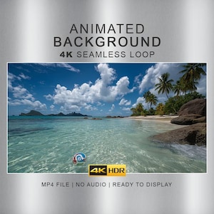 Pode incluir: Um fundo animado em loop contínuo 4K, arquivo MP4, apresentando uma cena de praia tropical com água turquesa clara, areia branca, palmeiras e grandes rochas. Uma bola de futebol flutua na água. Texto: ANIMATED BACKGROUND 4K SEAMLESS LOOP 4K HDR MP4 FILE | NO AUDIO | READY TO DISPLAY.