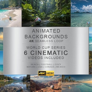Può includere: Una visualizzazione di prodotto digitale con il testo ANIMATED BACKGROUNDS 4K SEAMLESS LOOP WORLD CUP SERIES 6 CINEMATIC VIDEOS INCLUDED BEACH | FOOTBALL | COZY NATURE | USA | CANADA | MEXICO 4K HDR e sei scene circostanti di un pallone da calcio.