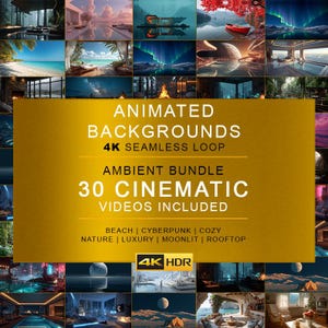 Pode incluir: Uma coleção digital de 30 fundos animados cinematográficos com loop contínuo 4K e pacote ambiente. O gráfico em tom dourado exibe o texto: ANIMATED BACKGROUNDS 4K SEAMLESS LOOP AMBIENT BUNDLE 30 CINEMATIC VIDEOS INCLUDED 4K HDR.