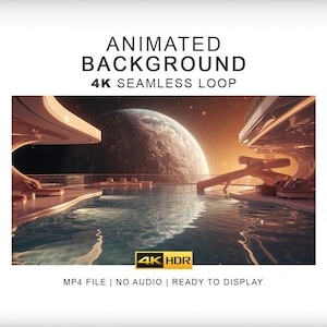 May include: An animated background featuring a futuristic swimming pool deck with lounge chairs and a slide, overlooking a large planet in space. Text reads: ANIMATED BACKGROUND 4K SEAMLESS LOOP, 4K HDR, MP4 FILE | NO AUDIO | READY TO DISPLAY.