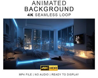 Penthouse Cat Ambient Background Video – 4K Seamless Loop Ambience Clips (Digital Download)