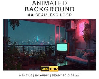 Cozy Neon Balcony Ambient Background Video – 4K Seamless Loop Ambience Clips (Digital Download)