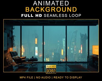 Rainy Cyberpunk Skyline Ambient Background Video – Full HD Seamless Loop Ambience Clips (Digital Download)