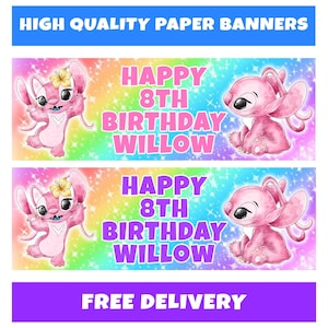Puede incluir: Dos pancartas de papel con un personaje de dibujos animados rosa y el texto "HAPPY 8TH BIRTHDAY WILLOW" sobre un fondo de arco&iacute;ris. La pancarta superior dice "HIGH QUALITY PAPER BANNERS" y la inferior dice "FREE DELIVERY".
