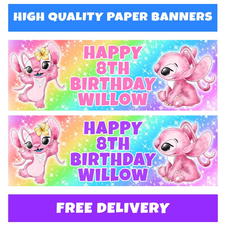 Puede incluir: Dos pancartas de papel con un personaje de dibujos animados rosa y el texto "HAPPY 8TH BIRTHDAY WILLOW" sobre un fondo de arco&iacute;ris. La pancarta superior dice "HIGH QUALITY PAPER BANNERS" y la inferior dice "FREE DELIVERY".