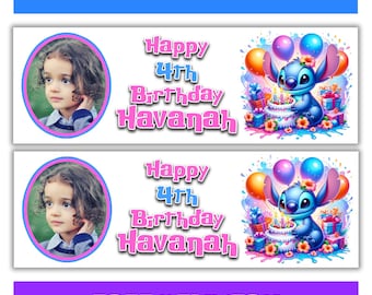 Banners de cumpleaños personalizados con fotos de Disney Stitch - Banners de cumpleaños de Disney - Fondo de Disney Stitch - Banner de cumpleaños de Disney Lilo Stitch