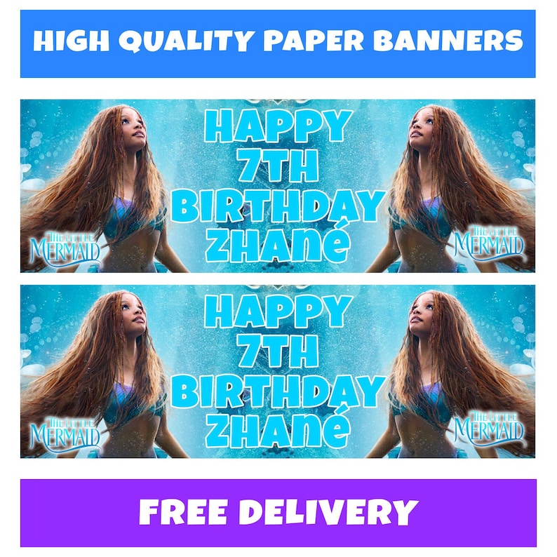 May include: Paper banners with a mermaid theme. The banners read "HAPPY 7TH BIRTHDAY ZHANE" with a mermaid graphic. The top banner reads "HIGH QUALITY PAPER BANNERS" and the bottom banner reads "FREE DELIVERY".