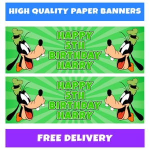 May include: Two paper banners with a green background and the text "HAPPY 5TH BIRTHDAY HARRY". Each banner features a cartoon character with a green hat, black ears, and a large smile. The top banner has the text "HIGH QUALITY PAPER BANNERS" in blue.