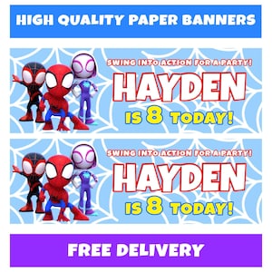 May include: Two paper banners with a blue background and a spider web design. The banners feature Spider-Man and Spider-Gwen characters. Text includes "HAYDEN IS 8 TODAY!" and "HIGH QUALITY PAPER BANNERS".