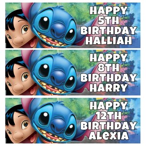 May include: Three colorful birthday banners featuring the characters Lilo and Stitch. Each banner has a different name and age: Halliah's 5th, Harry's 8th, and Alexia's 12th birthday. The banners have a blue background.