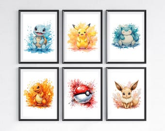 Pokemon Set van 6 Prints - Kunstset - Pokemon Artwork - Pokemon Artwork Prints - Pokemon Gaming Prints Posters - Pikachu - Charmander - Eevee