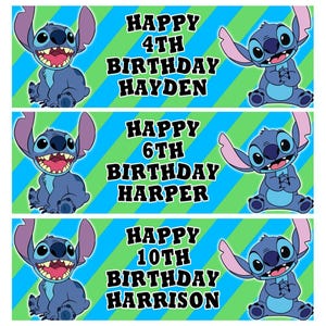 May include: Three birthday banners featuring the character Stitch from Lilo & Stitch. Each banner has a different name and age: Hayden's 4th, Harper's 6th, and Harrison's 10th birthday. The background has blue and green diagonal stripes.
