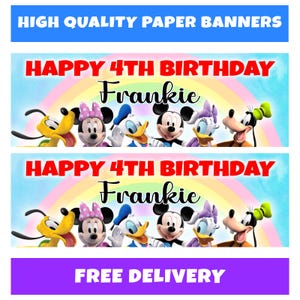 May include: Two paper banners with the text "HAPPY 4TH BIRTHDAY Frankie" above a rainbow and cartoon characters. The characters include Pluto, Minnie Mouse, Donald Duck, Mickey Mouse, Daisy Duck, and Goofy. The top banner has the text "HIGH QUALITY PAPER BANNERS" and the bottom banner has the text "FREE DELIVERY".