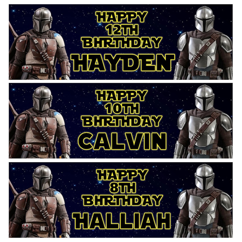 以下が含まれることがあります： マンダロリアンのキャラクターが登場する3つの誕生日バナー。各バナーには異なる名前と年齢が表示されています。ヘイデンの12歳、カルビンの10歳、ハリヤの8歳の誕生日。背景は星空です。