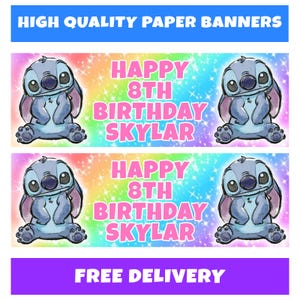 May include: Two paper banners with a cartoon character and the text "HAPPY 8TH BIRTHDAY SKYLAR" in pink. The banners have a rainbow background with the text "HIGH QUALITY PAPER BANNERS" and "FREE DELIVERY".