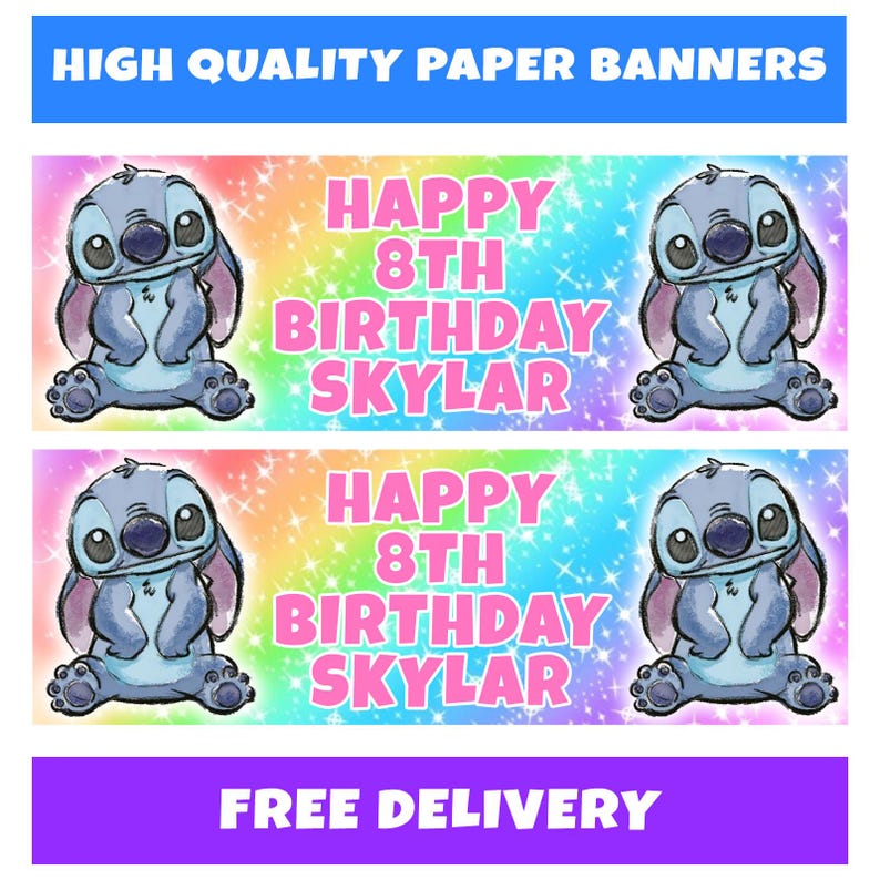 May include: Two paper banners with a cartoon character and the text "HAPPY 8TH BIRTHDAY SKYLAR" in pink. The banners have a rainbow background with the text "HIGH QUALITY PAPER BANNERS" and "FREE DELIVERY".