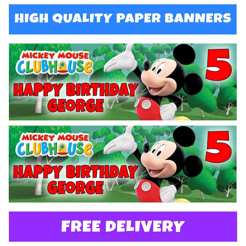 Puede incluir: Dos pancartas de papel con Mickey Mouse de Mickey Mouse Clubhouse. Las pancartas dicen "Feliz Cumplea&ntilde;os George" e incluyen el n&uacute;mero 5. Las pancartas est&aacute;n sobre un fondo verde con &aacute;rboles y el texto "Pancartas de papel de alta calidad".