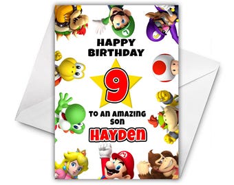 Gepersonaliseerde verjaardagskaart SUPER MARIO - Gepersonaliseerde verjaardagskaart Mario All Stars - Luigi - Princess Peach - Yoshi - Donkey Kong