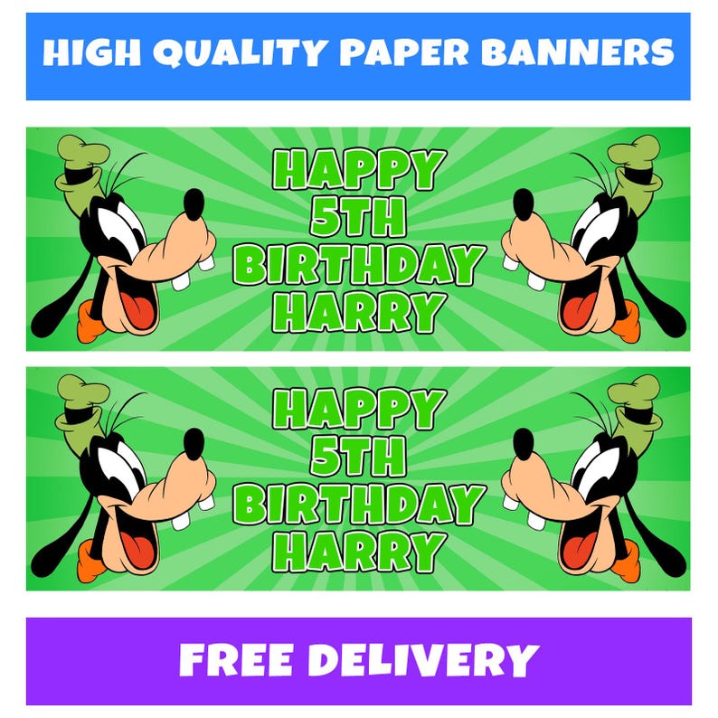 May include: Two paper banners with a green background and the text "HAPPY 5TH BIRTHDAY HARRY". Each banner features a cartoon character with a green hat, black ears, and a large smile. The top banner reads "HIGH QUALITY PAPER BANNERS".