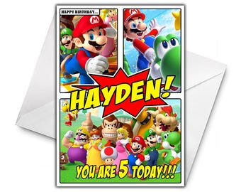 Gepersonaliseerde verjaardagskaart SUPER MARIO - Gepersonaliseerde verjaardagskaart Mario All Stars - Luigi - Princess Peach - Yoshi - Donkey Kong