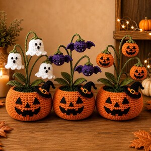 Decoración de Halloween a crochet, Maceta de flores con forma de calavera y fantasma a crochet, Planta fantasma hecha a mano, Decoración de escritorio espeluznante, Regalo gótico de otoño, Calabaza amigurumi