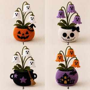 Maceta de flores de Halloween tejida a crochet, decoración floral con campana fantasma, caldero de calabaza y calavera hecho a mano para casa embrujada, regalo de Halloween para la decoración del hogar