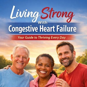 May include: A book cover with the title "Living Strong with Congestive Heart Failure" in white and red text against a blue sky. Three smiling people are in the foreground. The subtitle reads "Your Guide to Thriving Every Day."