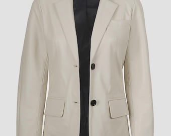 Womens Two Button Off White Leather Blazer