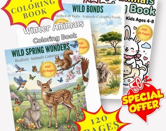 Animal Coloring Book Bundle for Kids Ages 4-12, 120 Printable Pages, Toddler Activity Book
