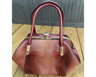 Vintage Red  & Gold Faux Snake Skin Structured Handbag with Ball cap Closure