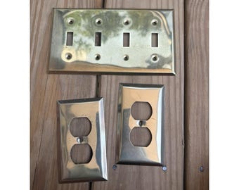 3 Vintage Brass Metal Electric Outlet Wall Switch Plate Covers