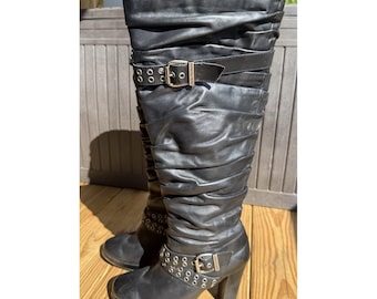 Botas altas de tacón grueso hasta la rodilla para mujer Harley Davidson estilo vintage Y2K, talla 8.5