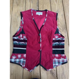 Vintage Susan Bristol Patchwork Corduroy Vest Women 14 Red Cottagecore Quilted