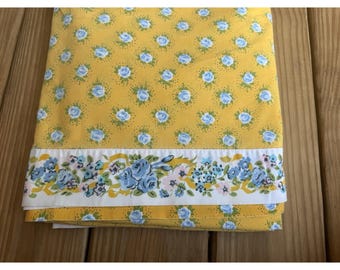 Vintage MCM Yellow Blue Floral Roses Queen Size Flat Sheet Only
