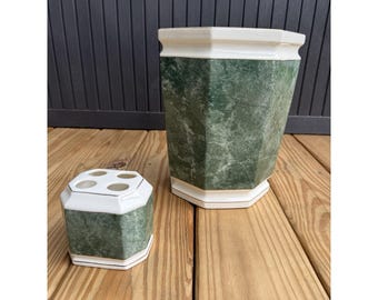 Vintage Croscill Carrara Green Marble Patterned Porcelain Bathroom Accessories