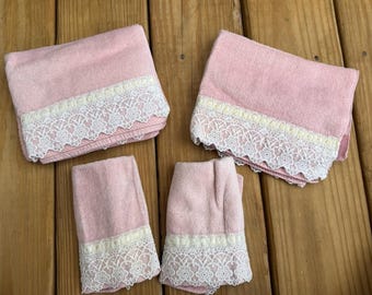4 Vintage Fieldcrest Lace Trim Pink (2) Hand Towels (2) Washcloths Cottagecore