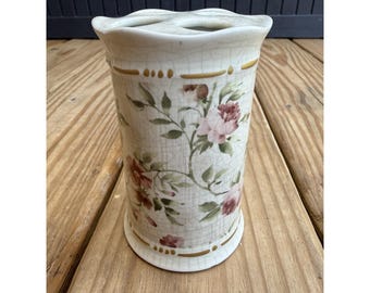 Vintage Croscill Toothbrush Holder Crackle Floral Pattern Gold Trim