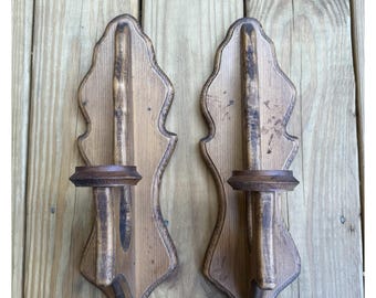 2 Vintage Wooden Wall Sconces 14.5 "  Groved Edged Decor Candle Stick Holders