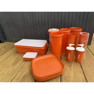 Könnte beinhalten: Eine Auswahl an orangefarbenen Küchenutensilien aus Kunststoff, darunter Behälter mit weißen Deckeln, Teller, Becher und Gewürzspender mit den Aufschriften "mustard" und "catup". Die Artikel sind auf einer Holzoberfläche angeordnet.