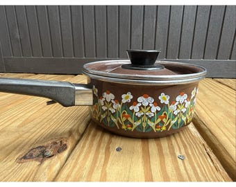 Vintage geëmailleerde stalen steelpan jaren 1970 'Flower Power' bloemen MCM