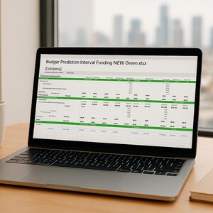 May include: A laptop displaying a spreadsheet titled "Budget Prediction Interval Funding NEW Green.xlsx" sits on a wooden desk. A white mug, a notebook, and a pencil are also on the desk. The background shows a cityscape through a window.
