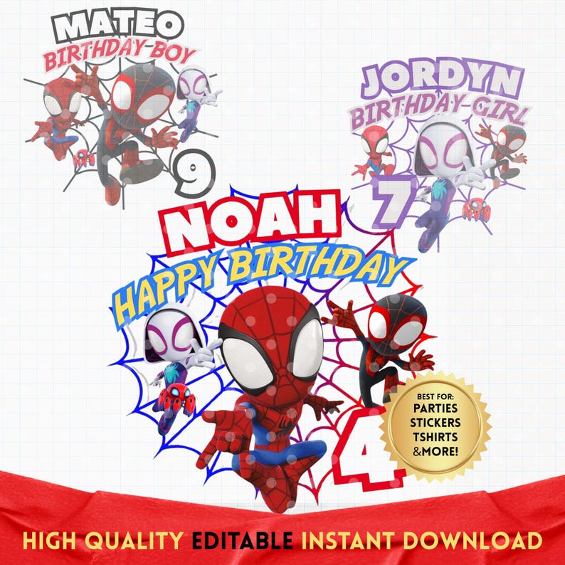 Puede incluir: Imagen de decoraciones de cumplea&ntilde;os con tem&aacute;tica de Spider-Man. La imagen presenta personajes de Spider-Man, felicitaciones de cumplea&ntilde;os y n&uacute;meros. El texto incluye "Mateo Birthday-Boy", "Jordyn Birthday-Girl", "Noah Happy Birthday", y "Best for Parties, Stickers, T-shirts & More!"